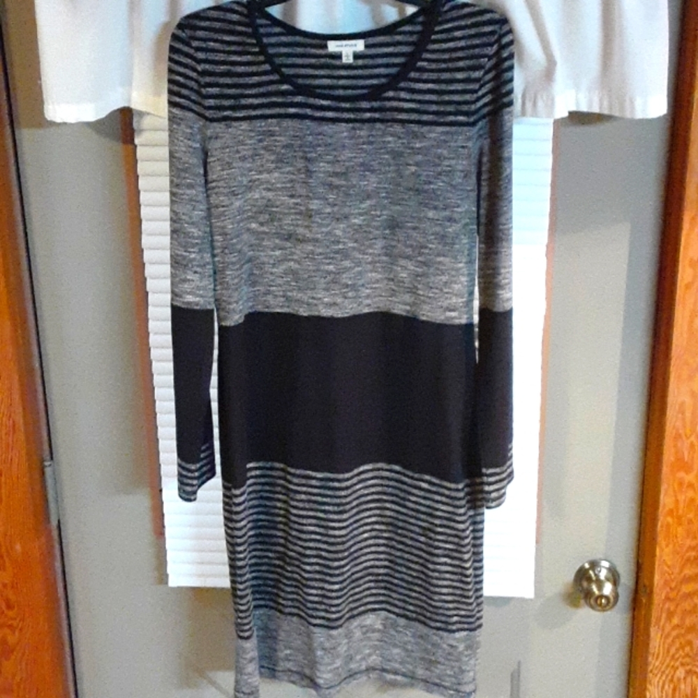 Black Striped Midi Dress, Long Sleeved, Size L